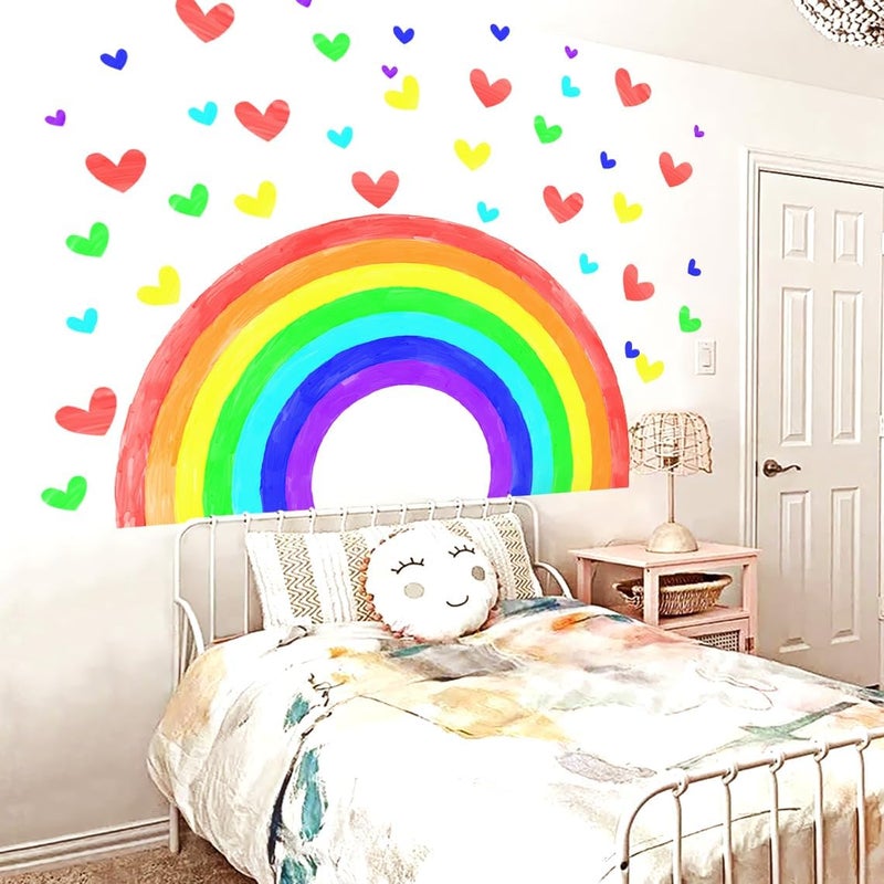 Kingarch Large Watercolor Rainbow Wall Decals, Hearts Peel and Stick Fabric Nursery Wall Decor, Removable Home Room Wall Decor Murals Stickers for Kids Girls Toddler Bedroom Living Room Playroom - Image 1